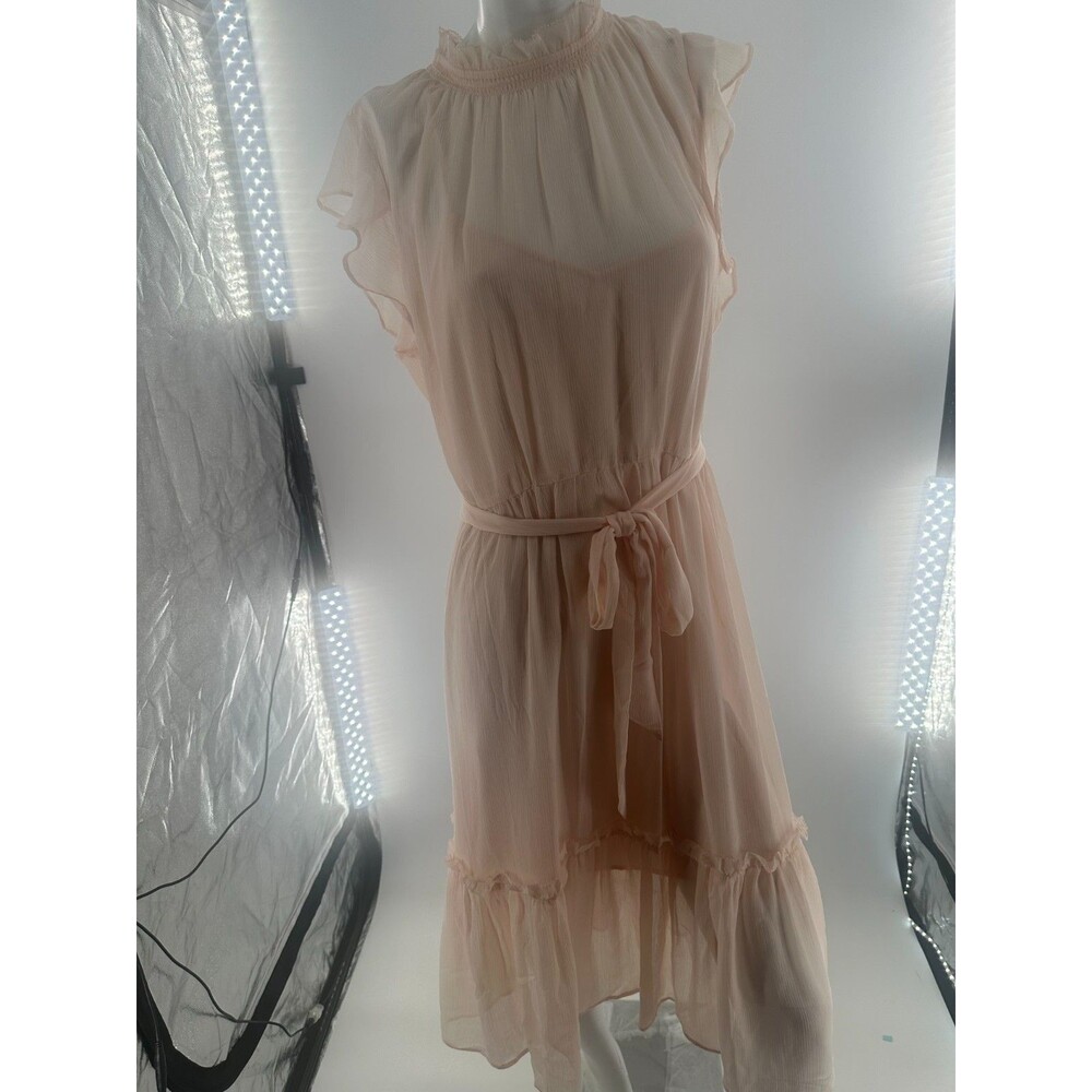 Ann Taylor Blush Pink Mock Neck Chiffon Midi Dress Flutter Sleeve Belted Size L